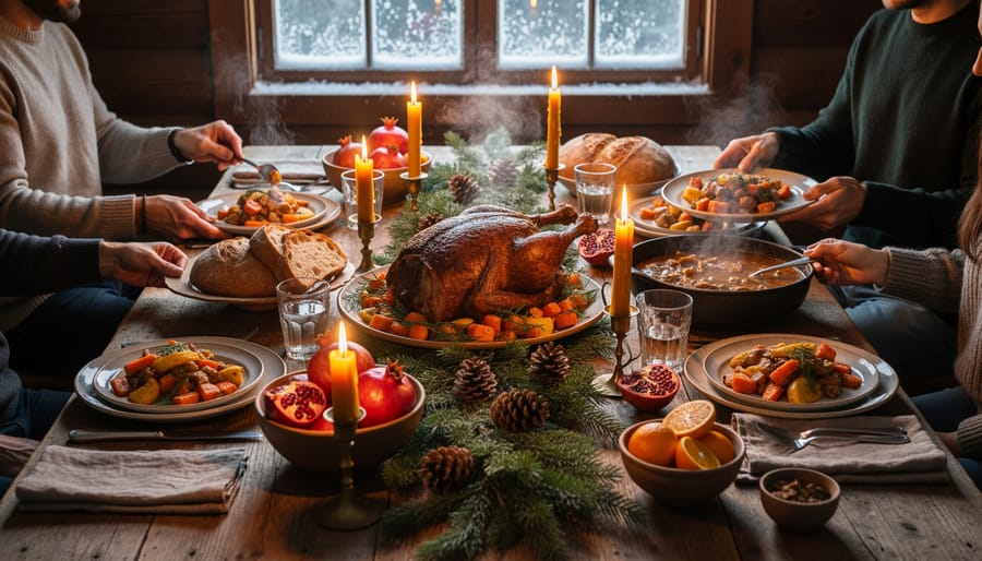 Rustic winter feast plates with roasted meats and root vegetables on a wooden table in candlelight near a window.