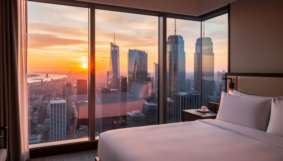 Sunset skyline view framed through a high-rise dining window with the CN Tower silhouette in the distance