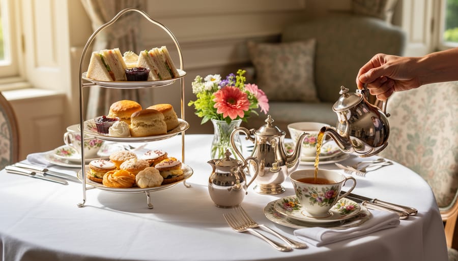 Tiered stand of scones and pastries on a British-style afternoon tea table with teacups and silverware.