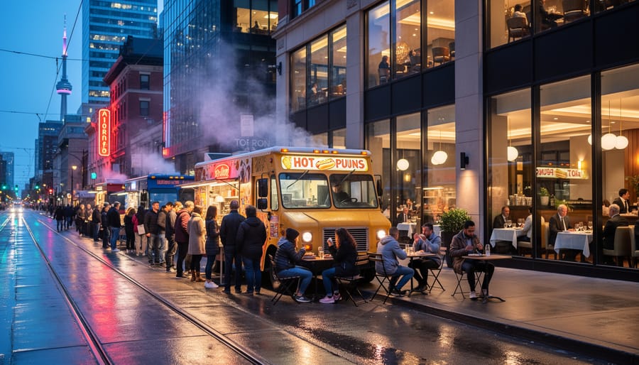 Toronto street vendors at dusk with food carts including shawarma, peameal bacon, and tacos
