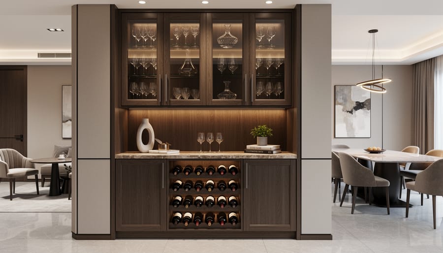 Vintage wine bar cabinet with glass doors in a refined dining room