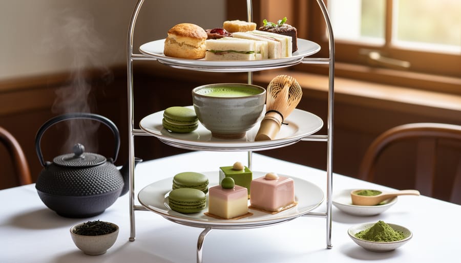 Tiered afternoon tea spread featuring matcha scone and matcha desserts on a stand.