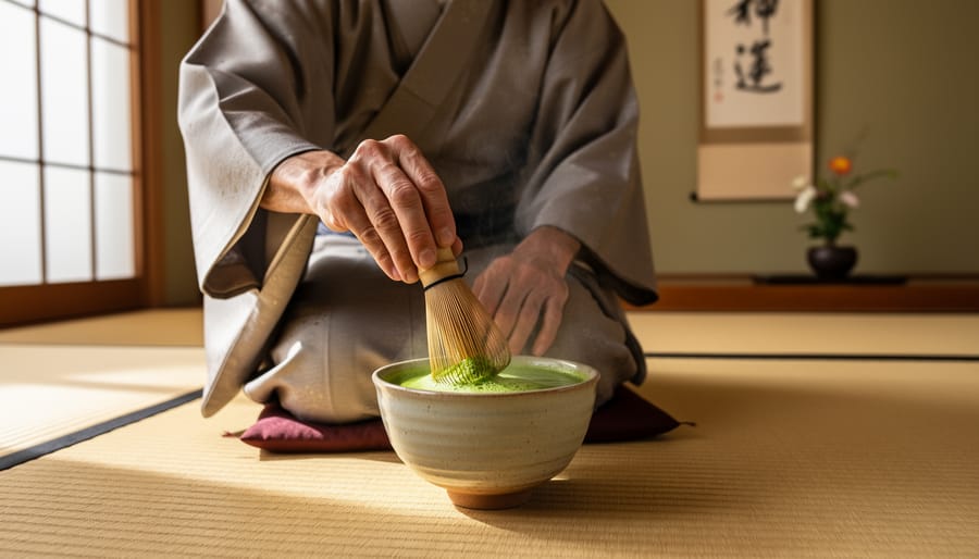 A tea master’s hands whisk ceremonial matcha in a chawan with a bamboo whisk.