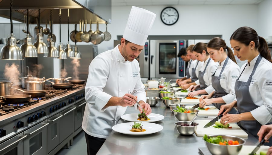 Chef-educator demonstrating sauce technique at a live kitchen prep line with students watching.