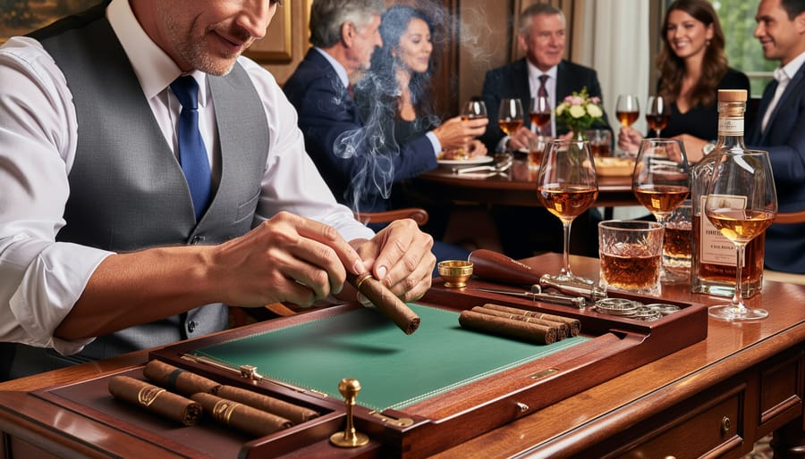 Cigar roller’s hands rolling a cigar beside a glass of amber liquor at an upscale event table