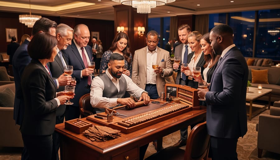 Upscale cigar-rolling station with a professional roller and guests gathered in a lounge setting