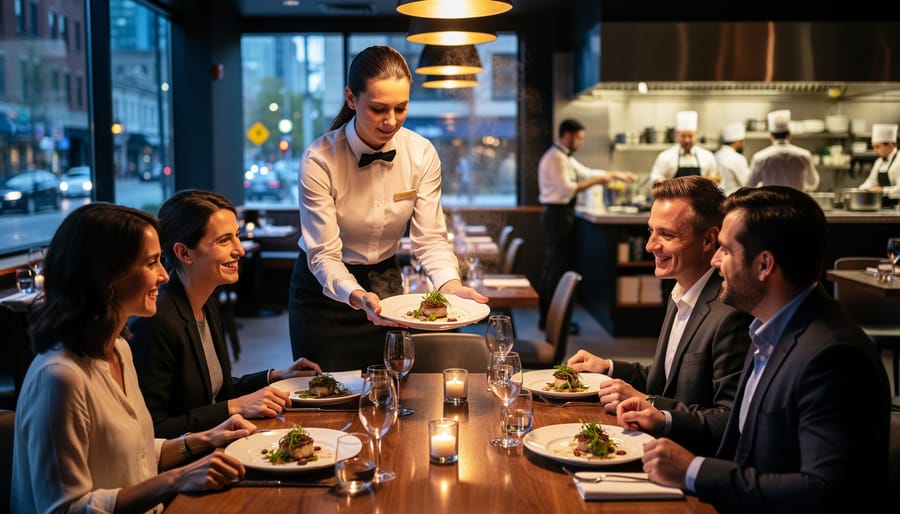 Server presenting a tasting dish to a guest in a restaurant while a kitchen team talks in the blurred background.