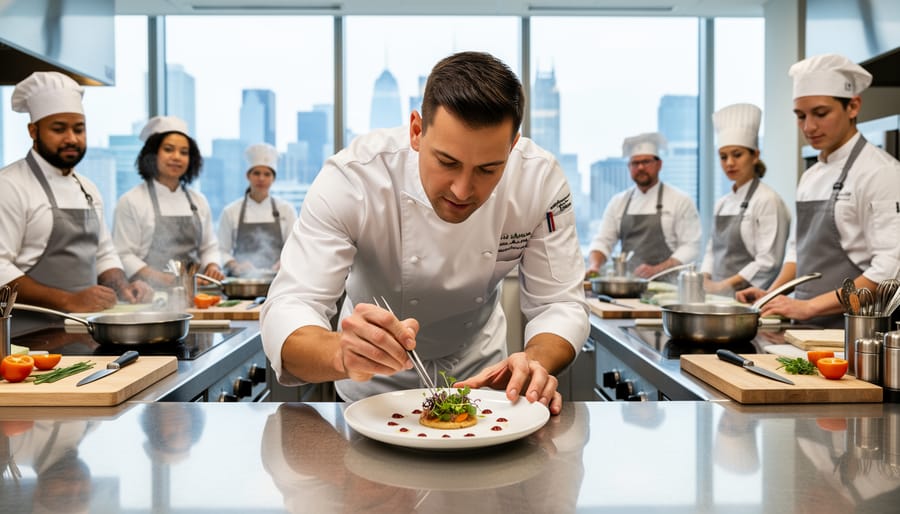 Culinary instructor guiding a student’s hands while plating a tasting dish in a professional kitchen.