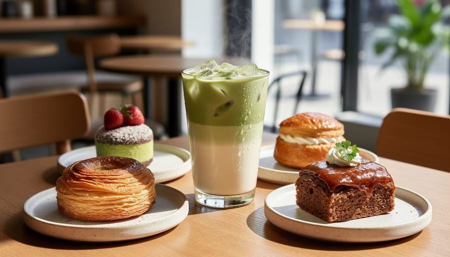 Matcha latte beside a delicate pastry and small tasting plate in an upscale café setting.