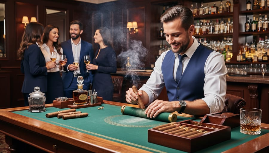 Cigar roller performing at an upscale evening event with guests observing in a well-ventilated lounge setting