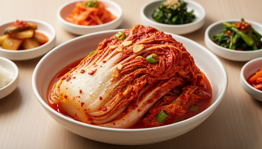 Fresh kimchi in a glass bowl with napa cabbage and red chili paste, styled on small Korean ceramic plates