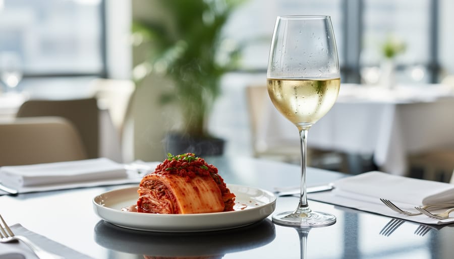 White wine glass beside a small porcelain bowl of kimchi-enhanced food