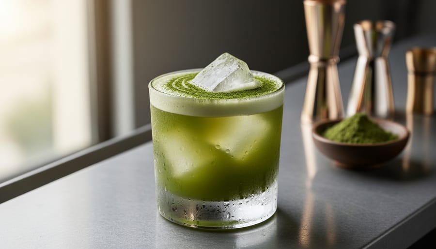 A green matcha cocktail in a lowball glass with garnish, shot in a moody bar.