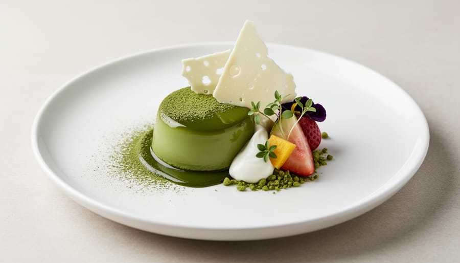 A plated matcha dessert with glossy green layers and a dusting of matcha powder.