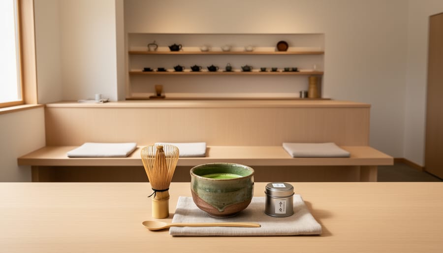 A minimalist matcha service station with hot and iced matcha in clean modern surroundings.