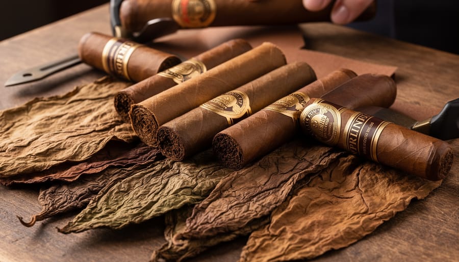 Close-up of premium cigar wrappers and tobacco leaves on a leather tray