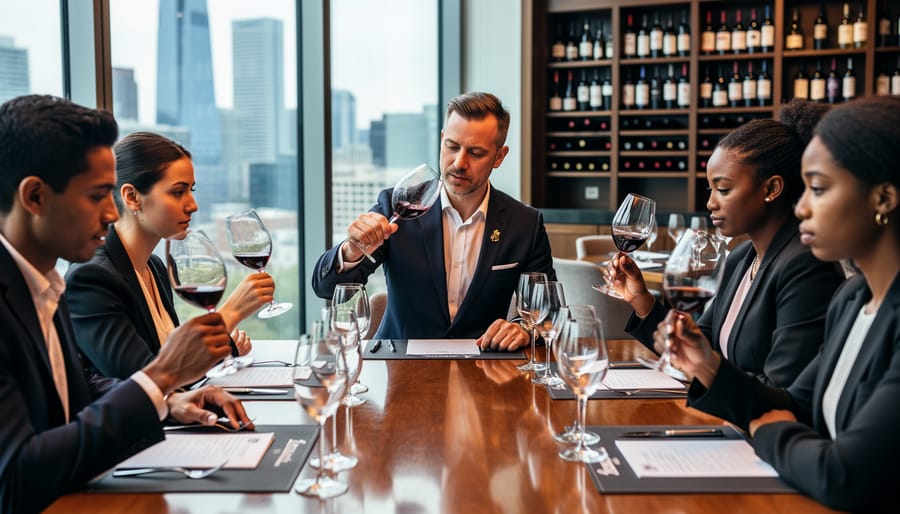 Sommelier tasting wine while holding a tulip-shaped glass in a bottle-lined training space.