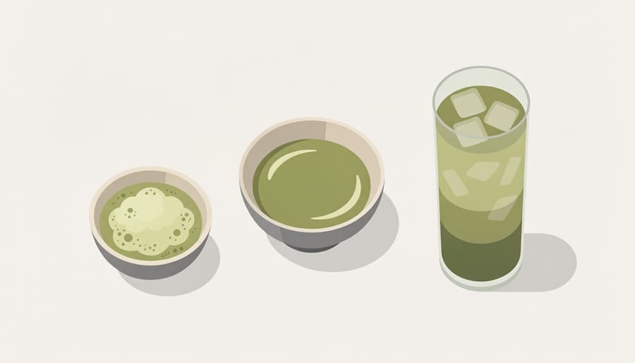 A curated matcha tasting scene with three small cups, bamboo whisk, and fresh tea leaves on a premium table.