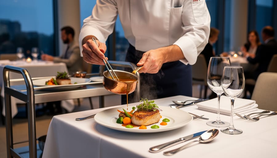Chef’s hands garnishing a dish at a restaurant open pass