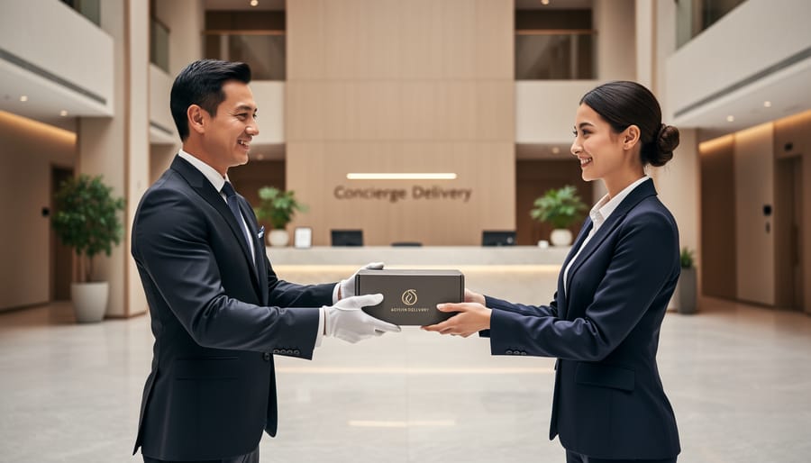 A concierge in a lobby placing premium covered food and beverage items onto a cart for a handoff.