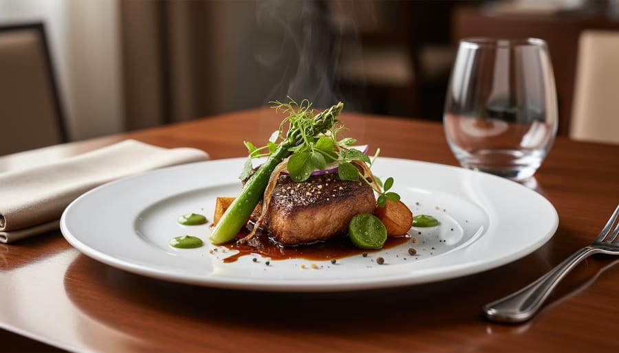 Close-up of a carefully plated tasting menu course in a fine dining restaurant