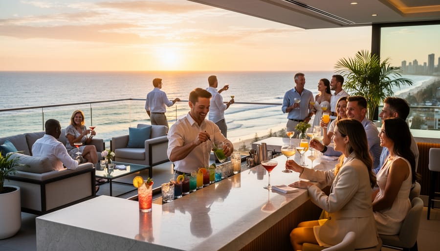Guests and a bartender enjoy cocktails on a rooftop bar during sunset with a high-rise skyline and ocean glow in the distance.