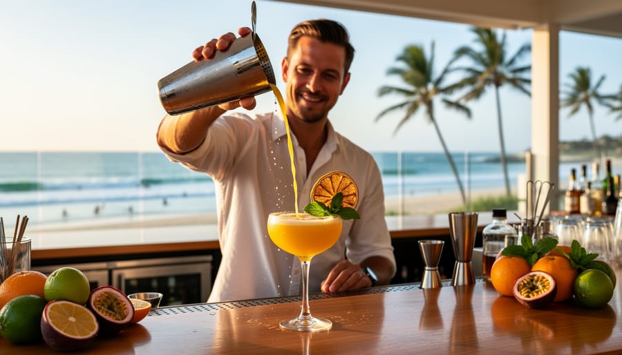A bartender pours a tropical cocktail into a rocks glass with finger lime and native botanicals at an open-air Gold Coast bar.