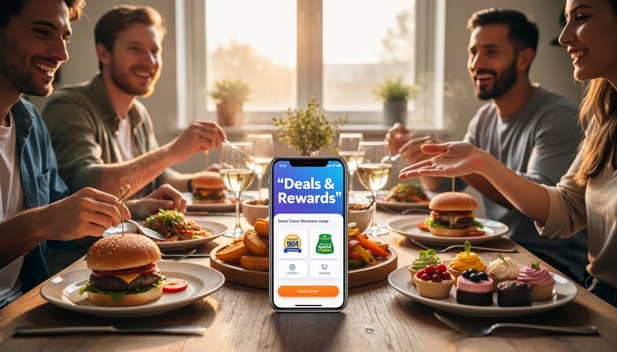 A person placing promotional items near a phone on a dinner table in warm indoor light.
