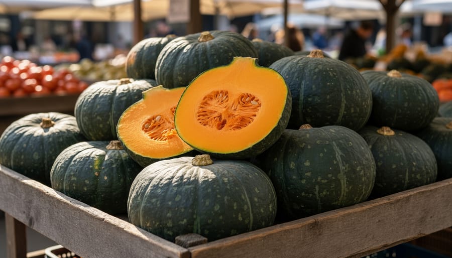 Kabocha squash with dark green skin and orange interior displayed on a wooden market table