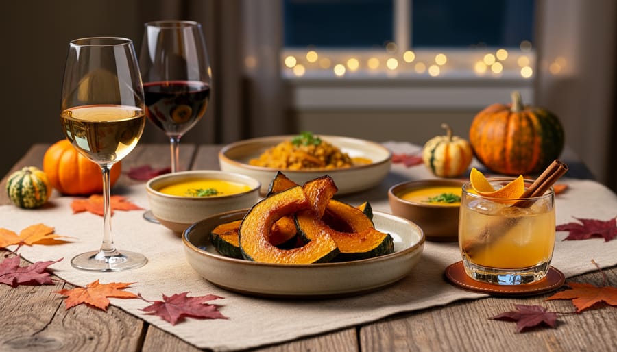 Wine and amber spirit glasses next to a bowl of kabocha soup on a dining table