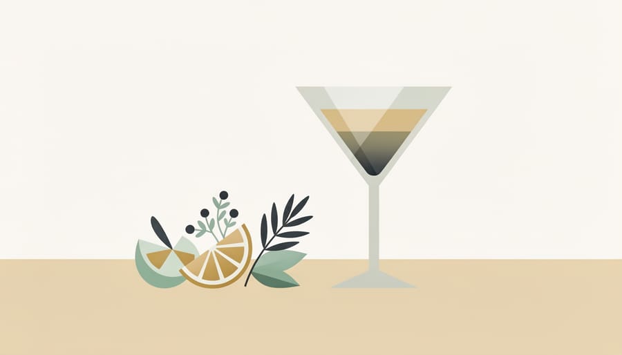 Close-up of a cocktail garnish setup with local native ingredients and finger lime pearls on a sunlit bar countertop.