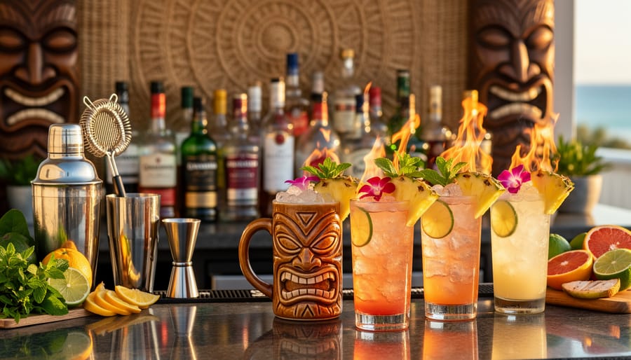 A modern tiki bar counter with tropical cocktails garnished with fruit and macadamia, lit by warm ambient lighting.
