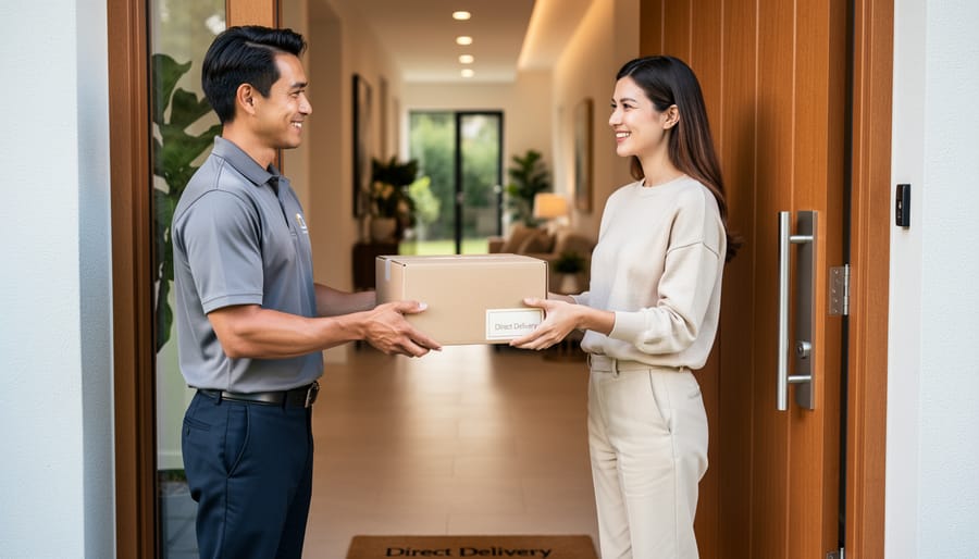 A restaurant staff member handing over an elegantly packaged takeout order at the entrance.