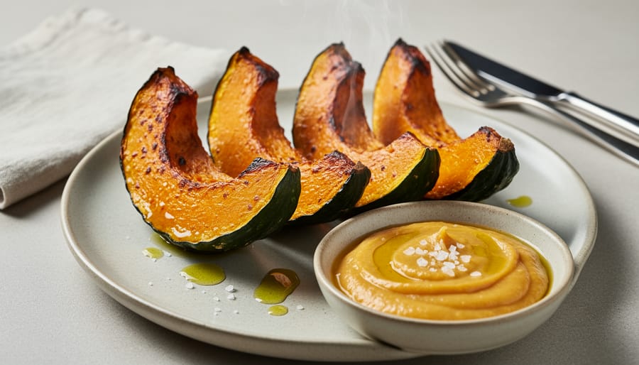 Roasted kabocha squash pieces and a bowl of squash purée in warm lighting