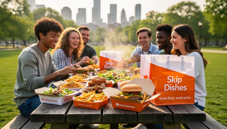A packaged budget takeaway meal on a bench with fries, sandwich, and drink in natural daylight.