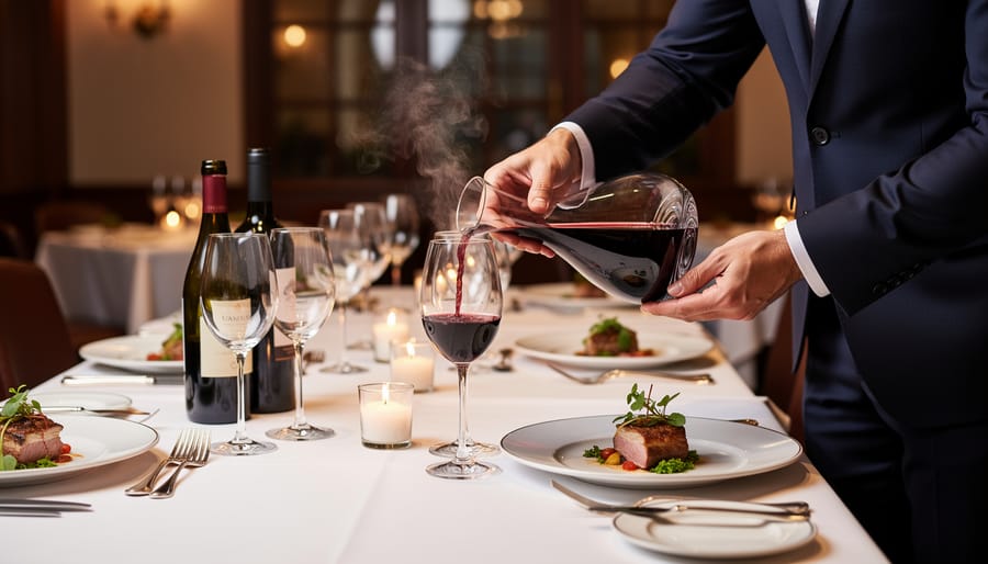 Sommelier pouring wine at a luxury dining table during a tasting experience