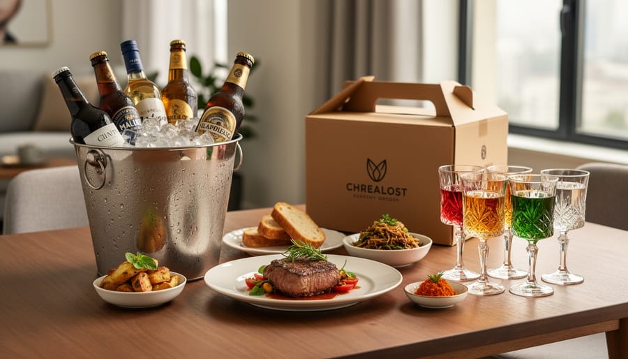 A chilled curated assortment of wine, whiskey, and craft beer prepared for delivery on a dining table.
