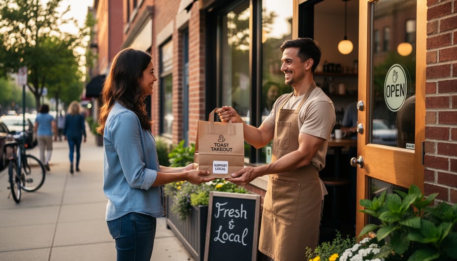 A delivery handoff of a sealed takeout bag outside a warmly lit independent restaurant storefront.