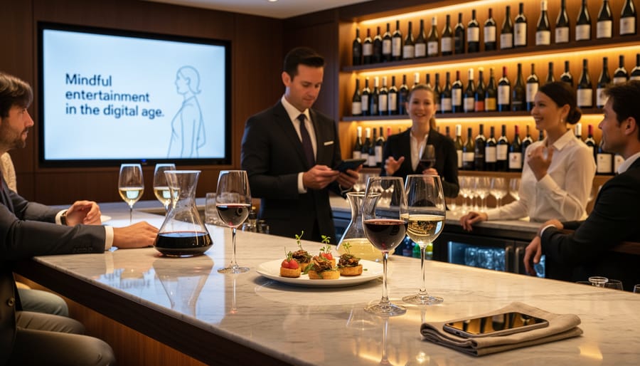 Red wine glasses and an opened bottle on a table next to a smartphone in an elegant wine bar setting.