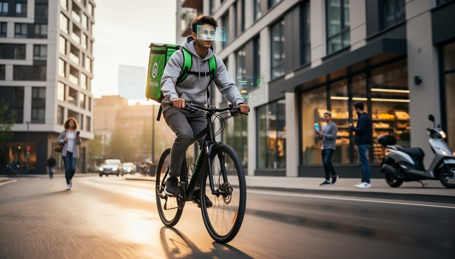 A delivery rider rushing through a nighttime Toronto street while carrying a sealed thermal food bag.
