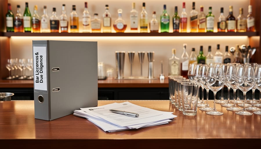 Binder and glassware on a clean bar counter representing due diligence materials