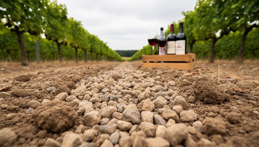 Close-up of Bordeaux vineyard soil with gravel, clay, and vine roots