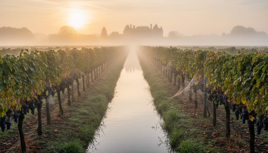 Foggy vineyard morning with dew on leaves and a river winding in the distance