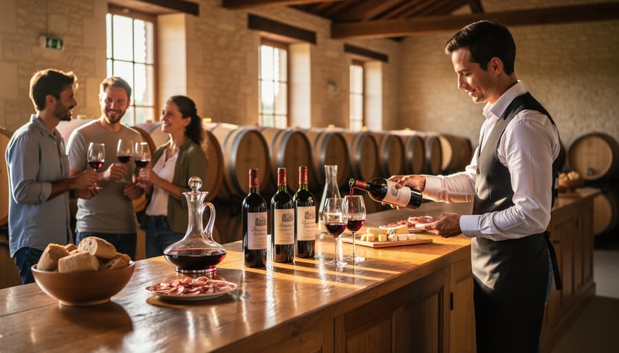Elegant Bordeaux tasting room table with wine glassware and warm window light