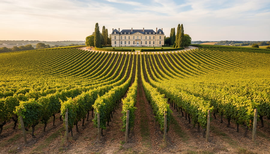 Golden-hour view of Bordeaux vineyard rows with a distant stone château silhouette