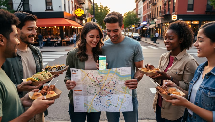 Festival attendees sampling gourmet food from small tasting plates in an outdoor evening setting