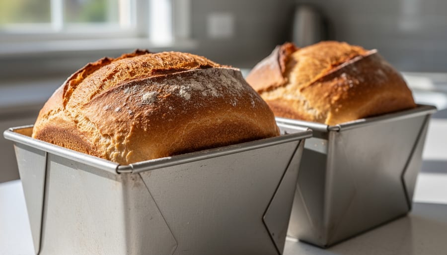 Freshly baked sourdough loaf cooling with a deep brown crust on a wooden rack
