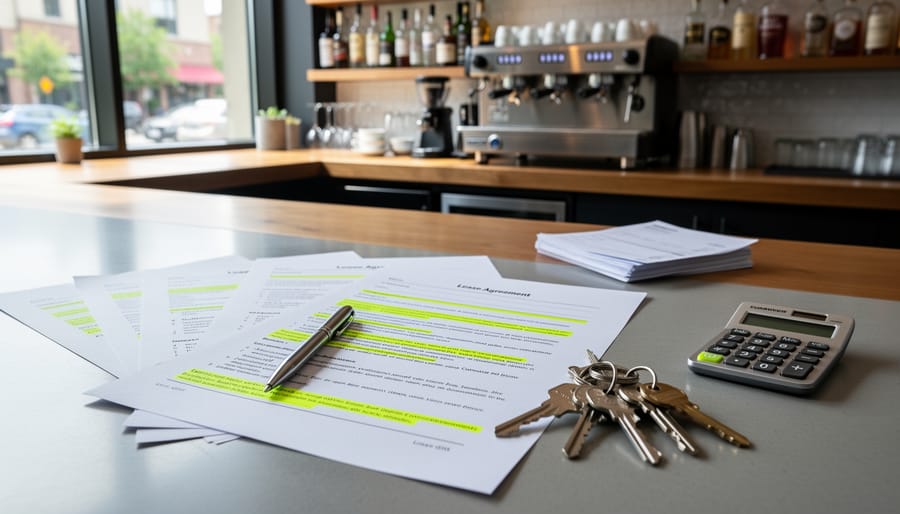 Close-up of hands holding commercial lease documents and a key fob on a wooden table