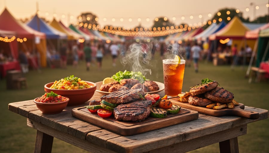 Close-up of skewers grilling on an outdoor festival grill with smoke and charred edges
