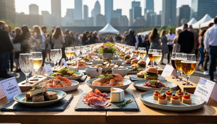 Close view of an elegant tasting table with multiple gourmet food plates at a culinary festival